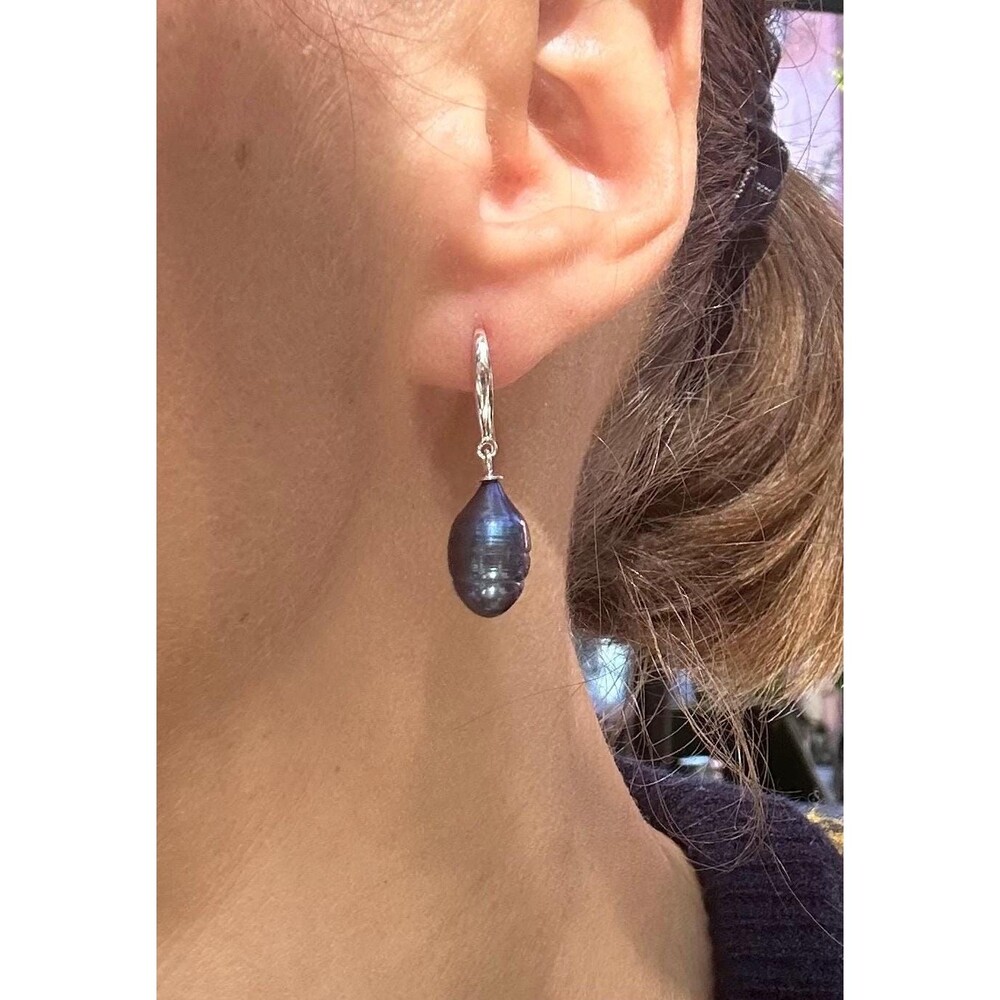 Black Baroque Pearl Drop Earrings, 925 Silver, Iridescent